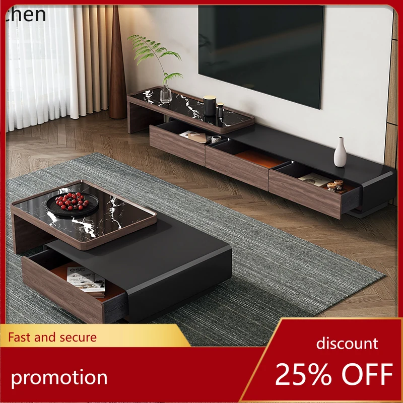 HXL Light luxury tea table TV cabinet combination antique wood grain black retractable floor cabinet push-pull tea table