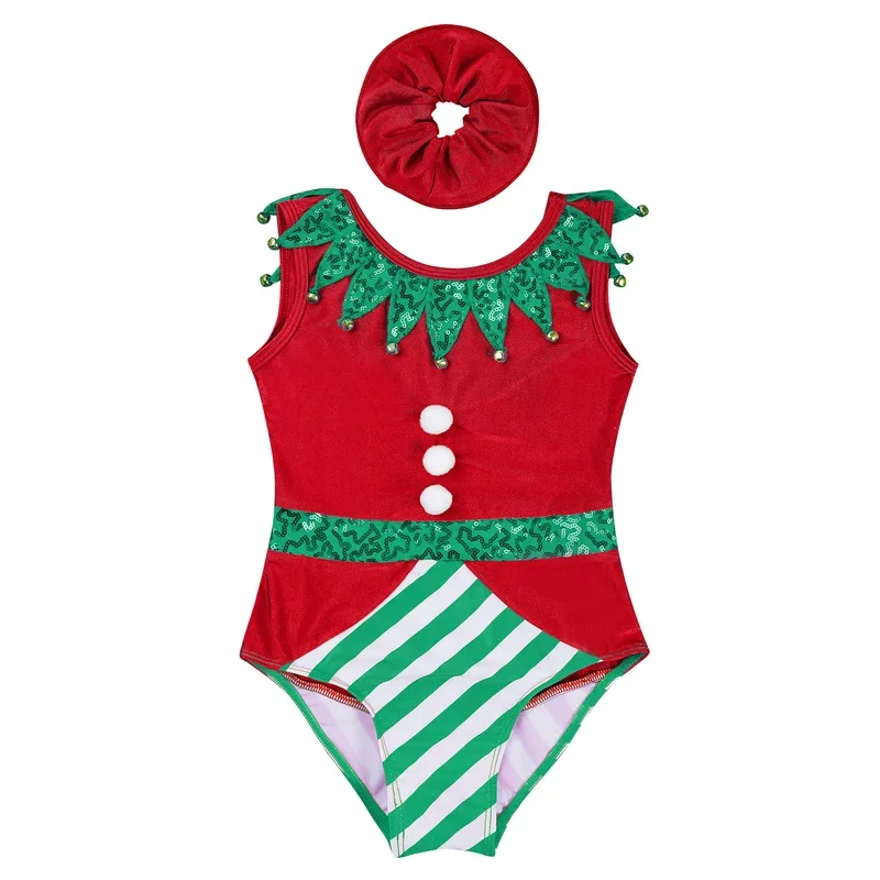 

RT01 Girl Christmas Gymnastic Leotards with Headband Outfit Sleeveless Ballet Dance Bodysuit Xmas Elf Costume Xmas Athletic *Jk2