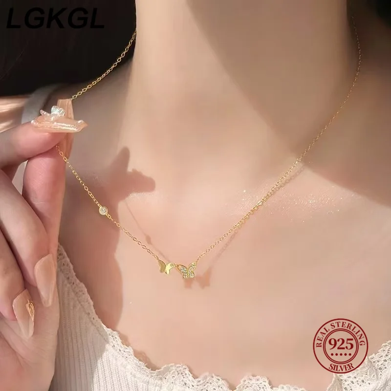 

LGKGL S925 Silver Double Butterfly Necklace Diamond Embedded 18K Gold Plated Luxury Elegant High-End Trending Model