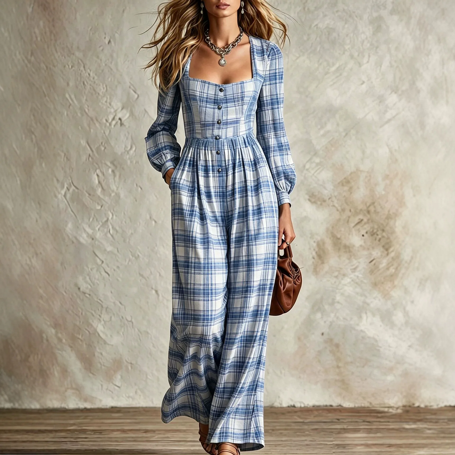 Women's Fashion Square Neck Retro Plaid Long Sleeve Jumpsuit 2026Autumn New Waist Single Breasted Pocket Wide Leg Female Rompers