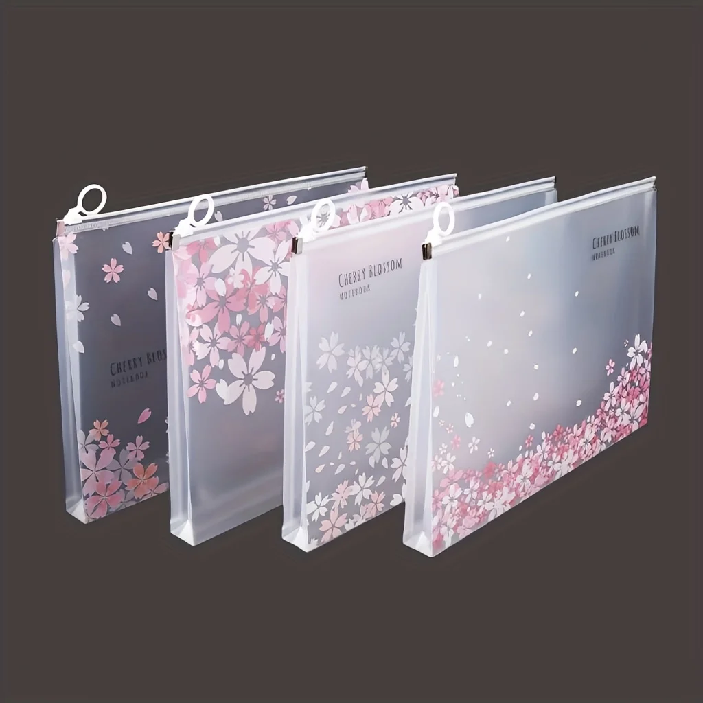 

4 A4 Waterproof Cherry Blossom File Storage Zipper Bags, Used for Organizing Learning and Office Supplies, Family Travel Storage