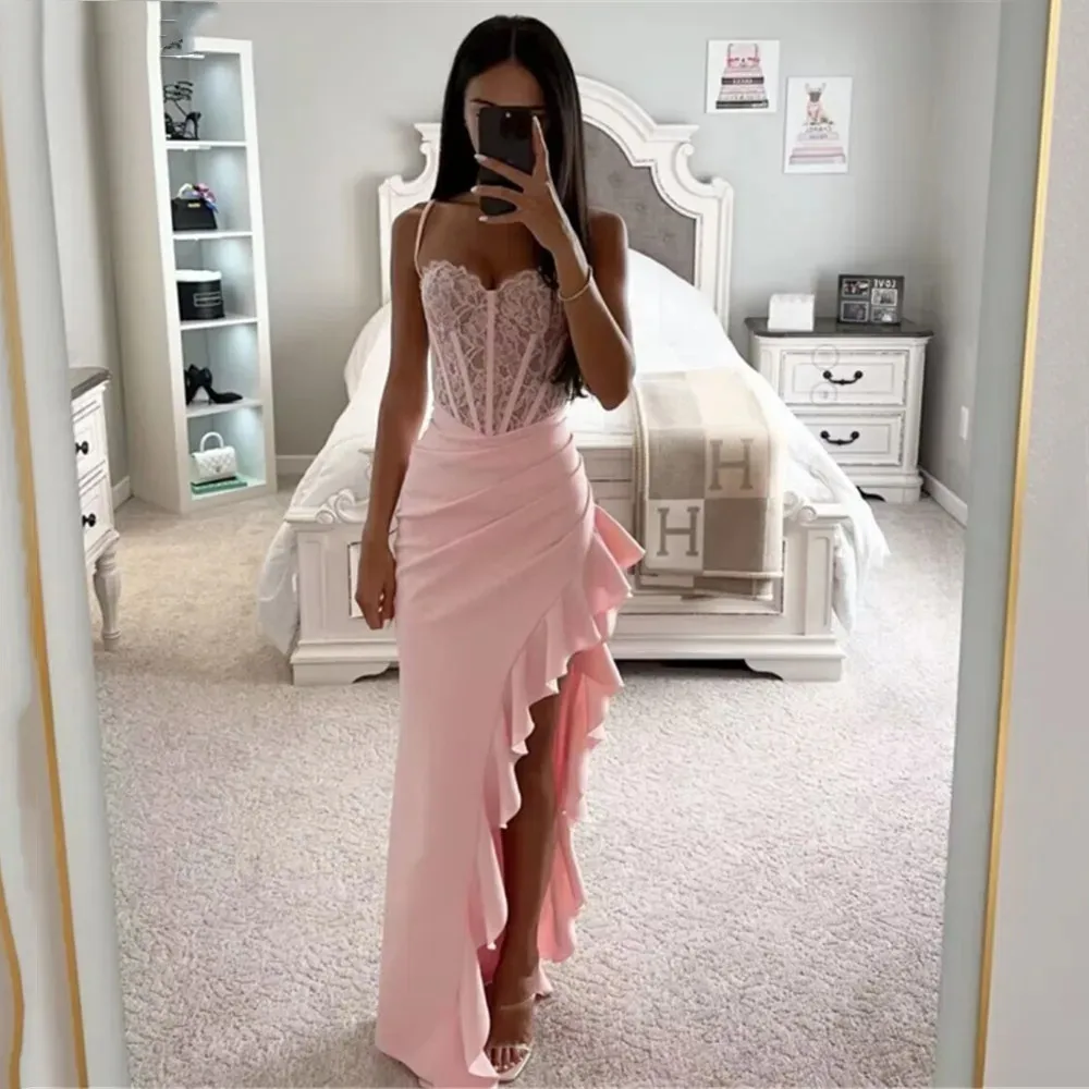 Sweet Lace Prom Dresses Spaghetti Straps Exposed Boning Maxi Formal Evening Gowns Split Slit Wedding Party Robe Customized