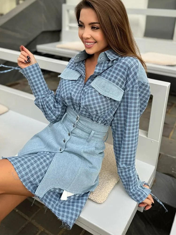 

Women's loose long checkered shirt patch women's denim suit lapel color blocked shirt waist irregular hem short skirt set
