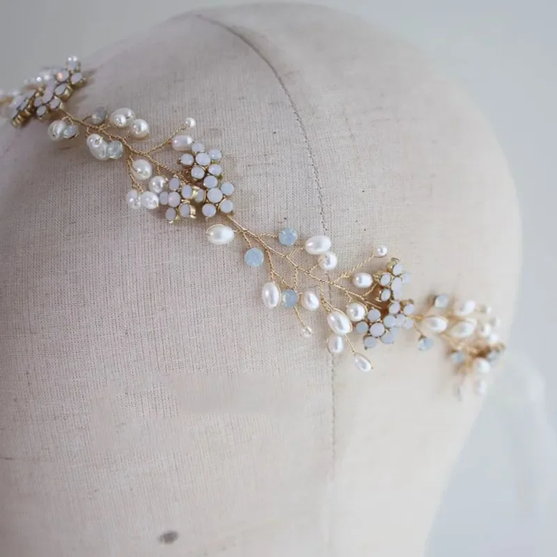 SLBRIDAL Handmade Opal Crystal Rhinestones Pearls Bridal Headband Hair comb Earring Hair pin Set Bridal Women Girls Hair Jewelry image 6