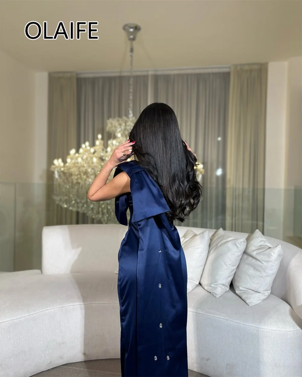 Modest One Shoulder Satin Evening Saudi Arab Dress with Crystal Sheath Long Prom Bridesmaid Gown with Bow Customized