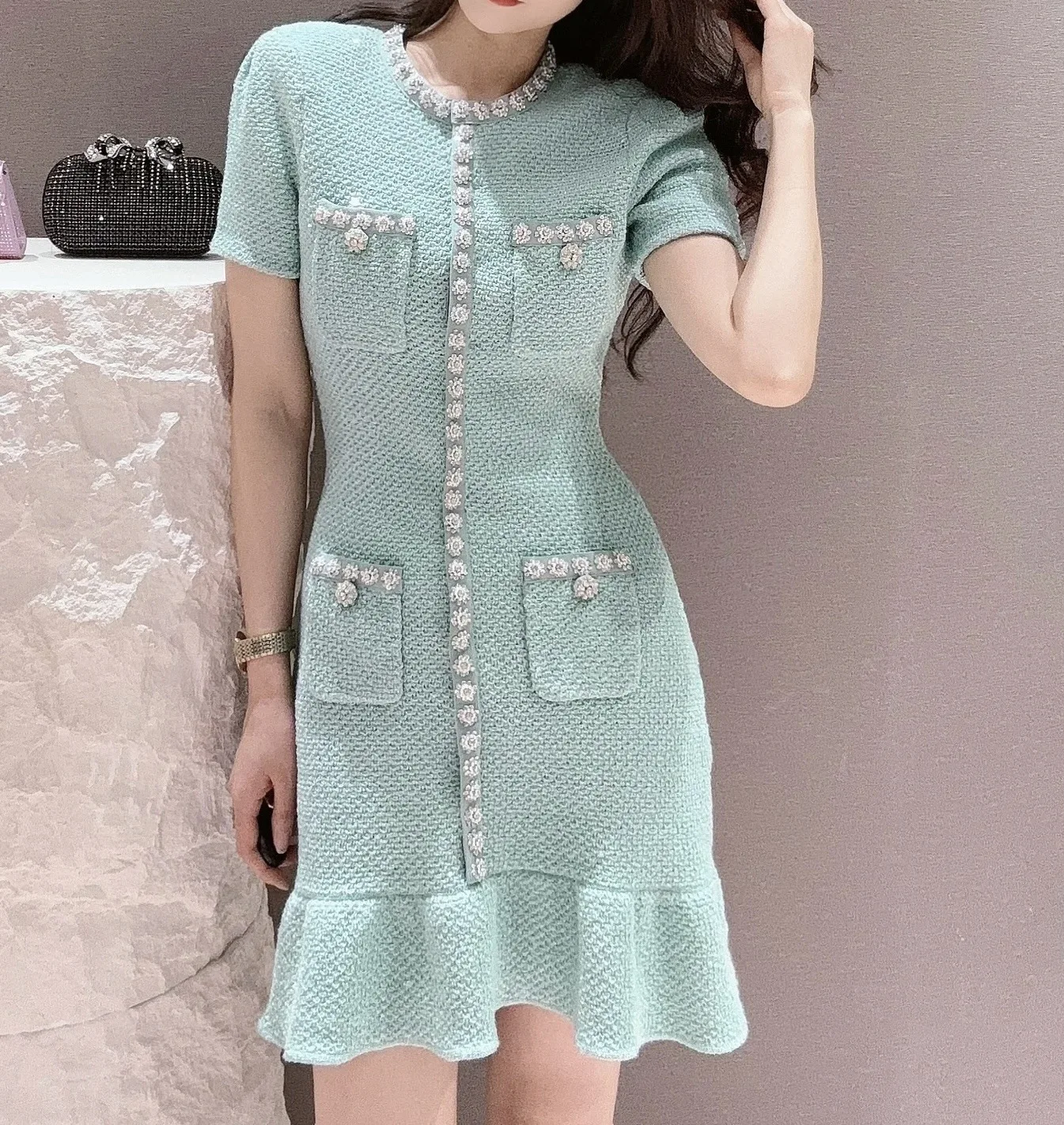 Women\'s Light Green Diamond Dress Short Sleeve Round Neck Slim High Waist Pocket Office Ladies Elegant Mini Dress