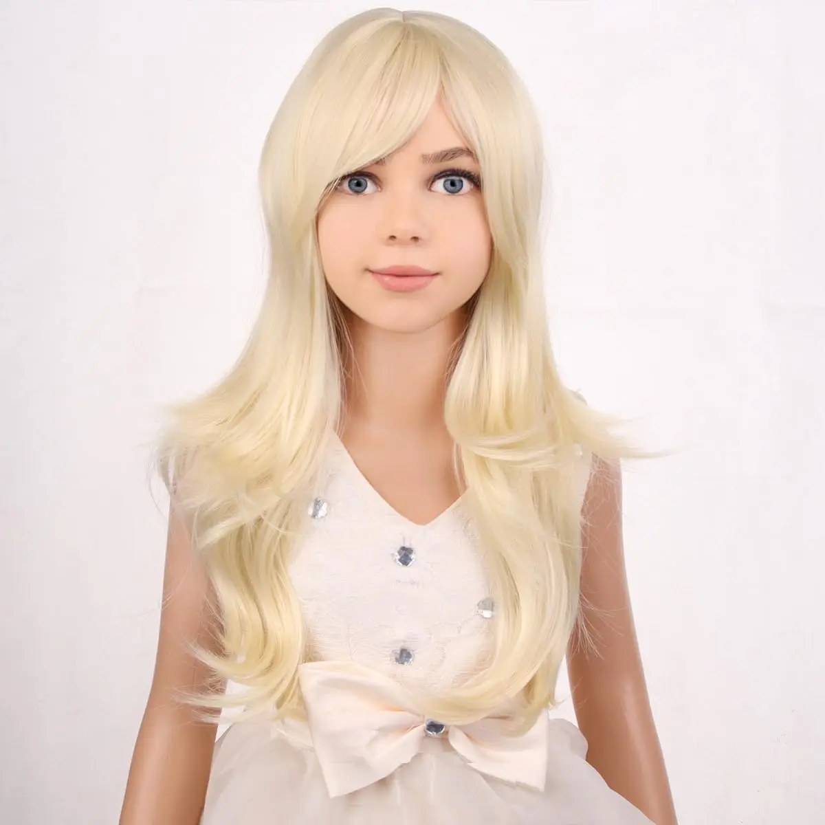Blonde Perücke für Mädchen, lange gewellte hellblonde Perücke für Kinder, blonde lange Perücke mit Pony, synthetische Perücke