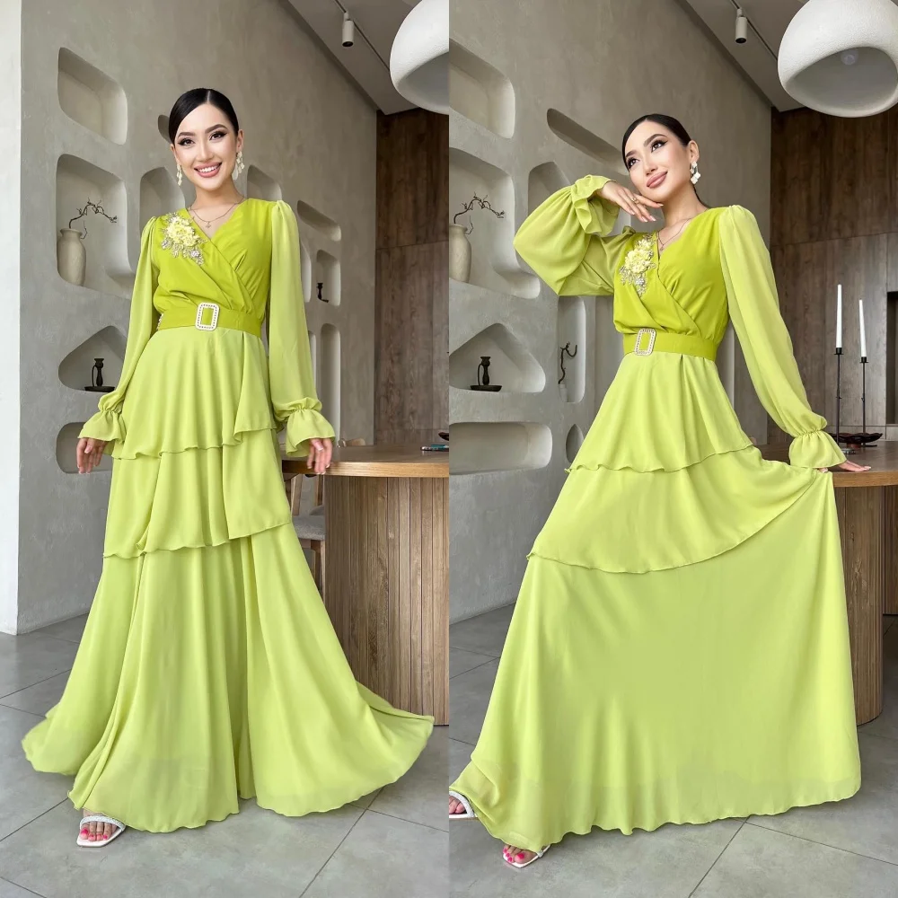 Yipeisha gaun Prom elegan V-neck panjang bentuk A gaun pesta panjang lantai gaun kustom sifon berlian buatan bunga