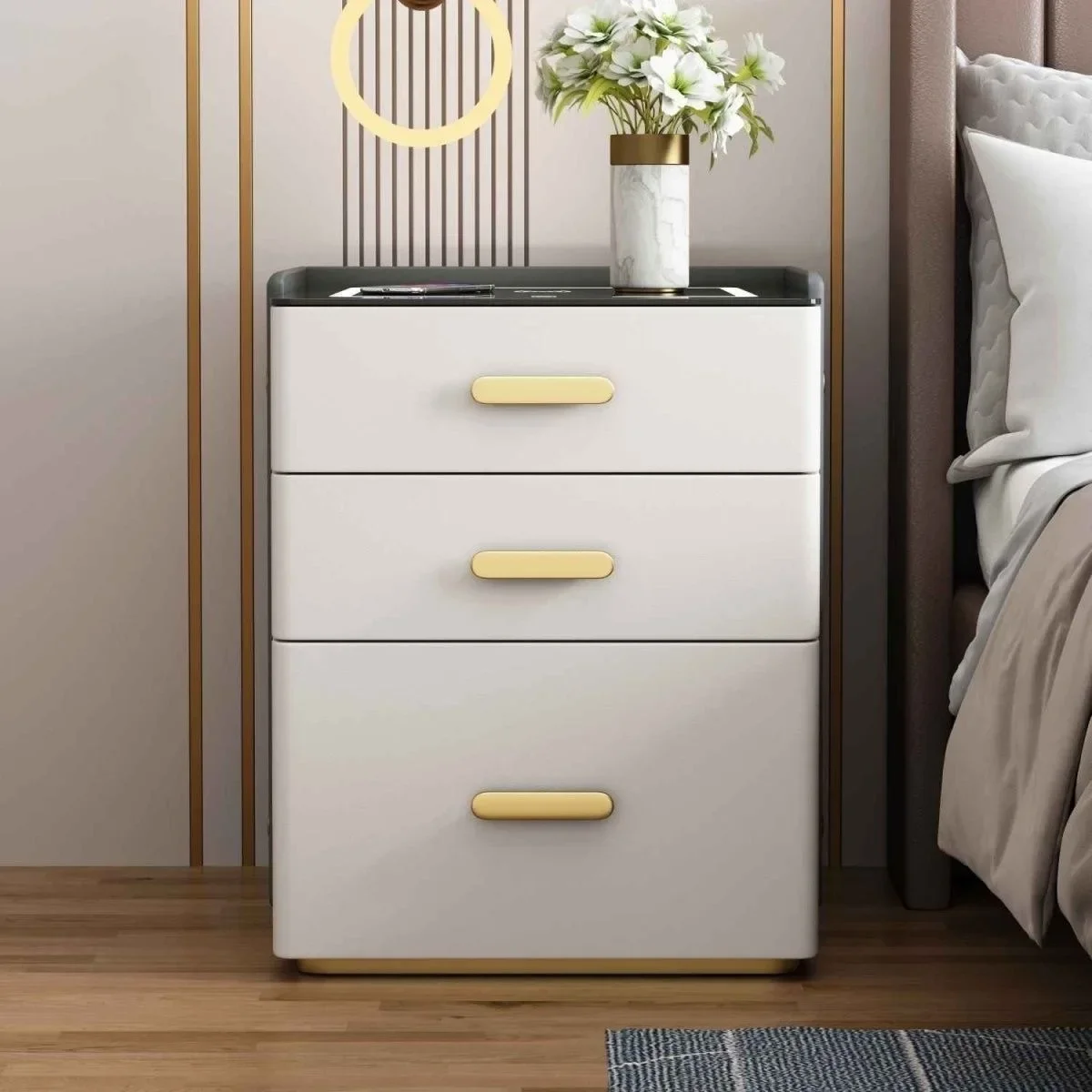 Bedside , safe, integrated multi-functional solid wood storage , wind rock slab countertop, modern simple household