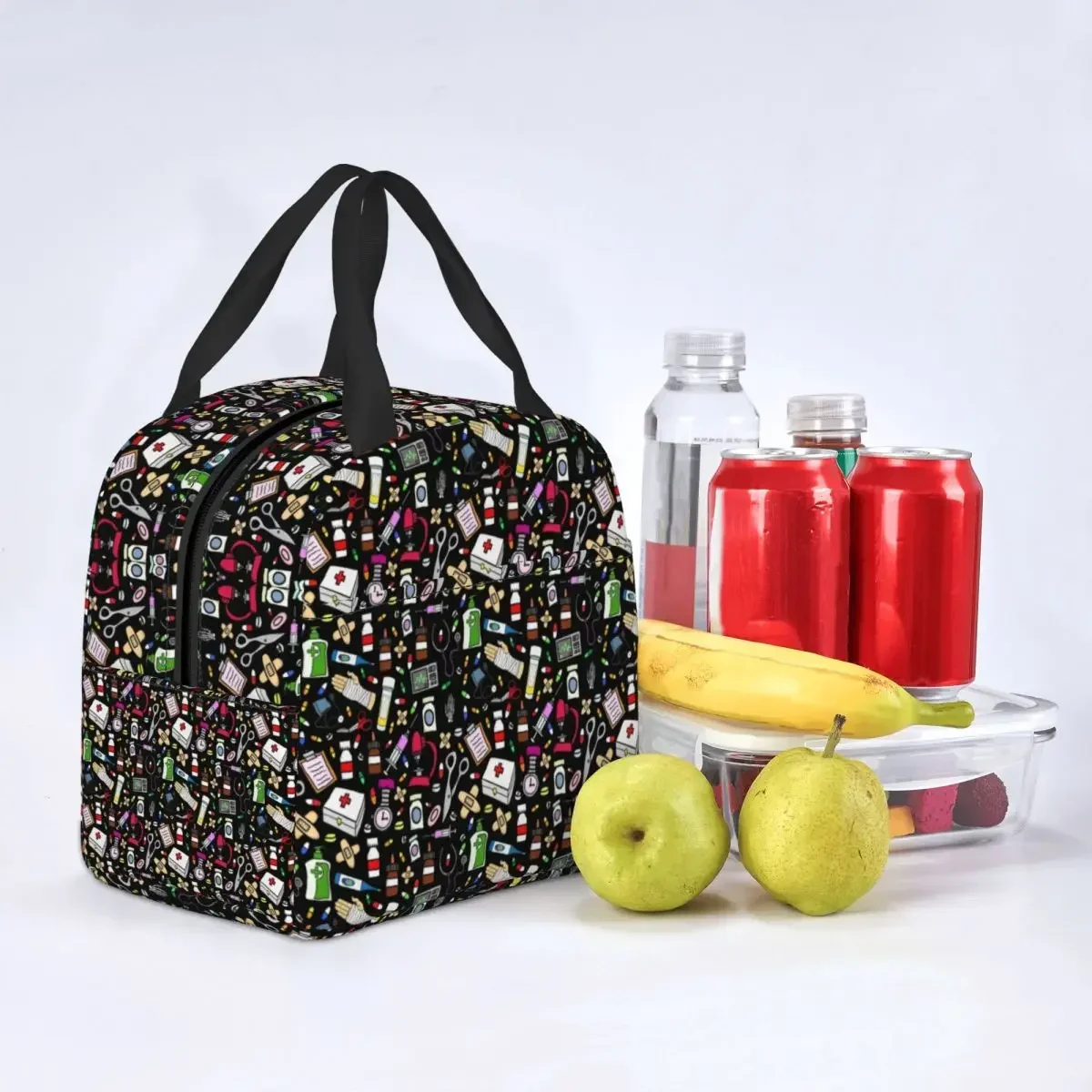 Boîtes à lunch portables noires à motif d'infirmière pour femmes, glacière d'allaitement multifonction, sac isotherme pour aliments thermiques, travail de bureau