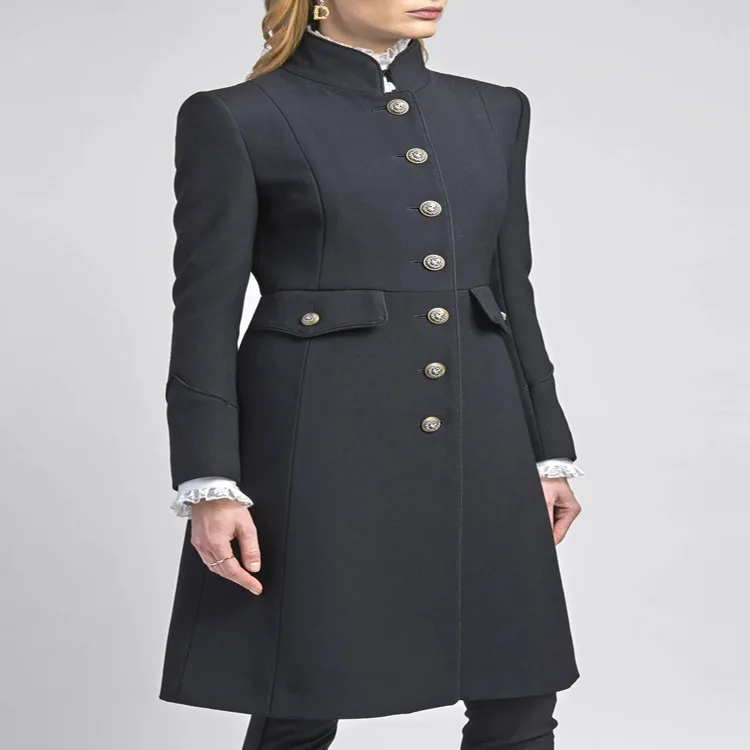 

autumn and winter new collar single-breasted slim long black woolen ladies' coat