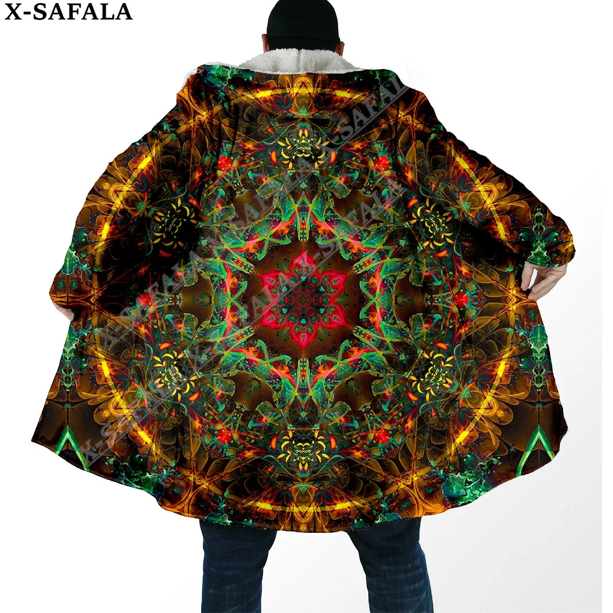 Mandala Psychedelic Trippy 3D Print Dream Cloak Thick Warm Hooded Men Overcoat Coat Windproof Fleece Cape Robe Blanket-13