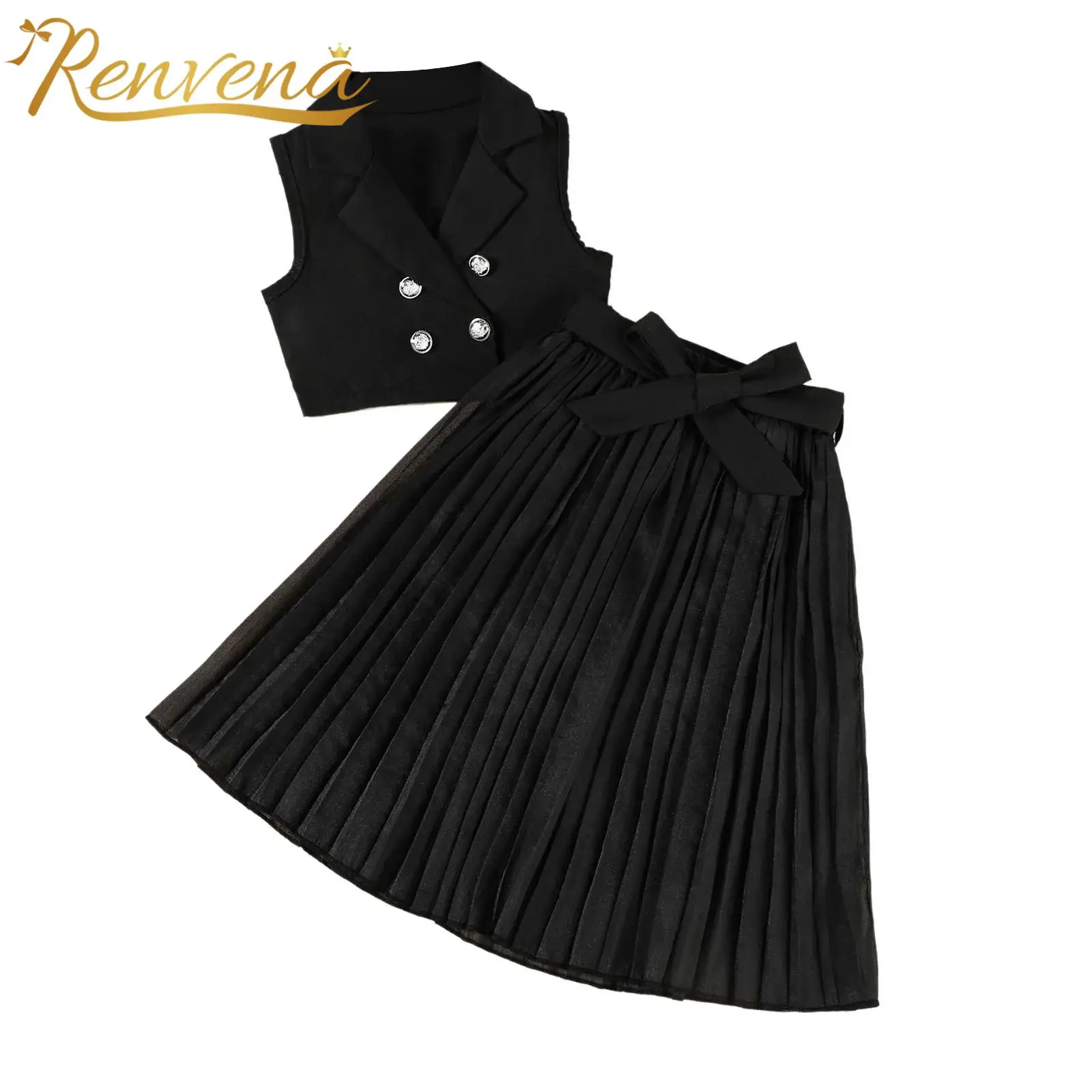 Girls Sleeveless Vest with Belted Pleated Skirt Suits Kids Two-Piece Set Preppy Style Birthday Party Holiday Elegant Suits