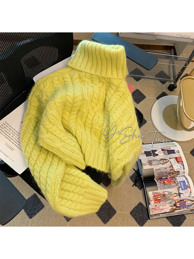 Autumn Winter Women Yellow Color Warm Simple Basic Knitwear Long Sleeve Turtleneck Lady Knit Pullover Sweater Classic Thick Chic