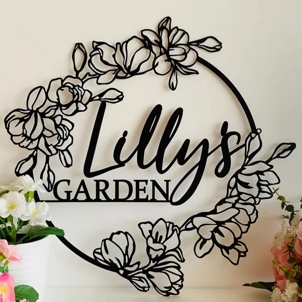 Personalized Garden Name Sign Custom Metal Wall Art Gift for Gardeners Decoration Hanging Outdoor Decorative Floral Sign Board