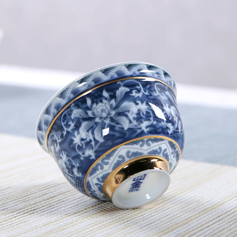 Vintage Master Cup, 1 blue and white porcelain teacup, small tea bowl, ceramic kung fu set, gold edged tea bowl, single cup