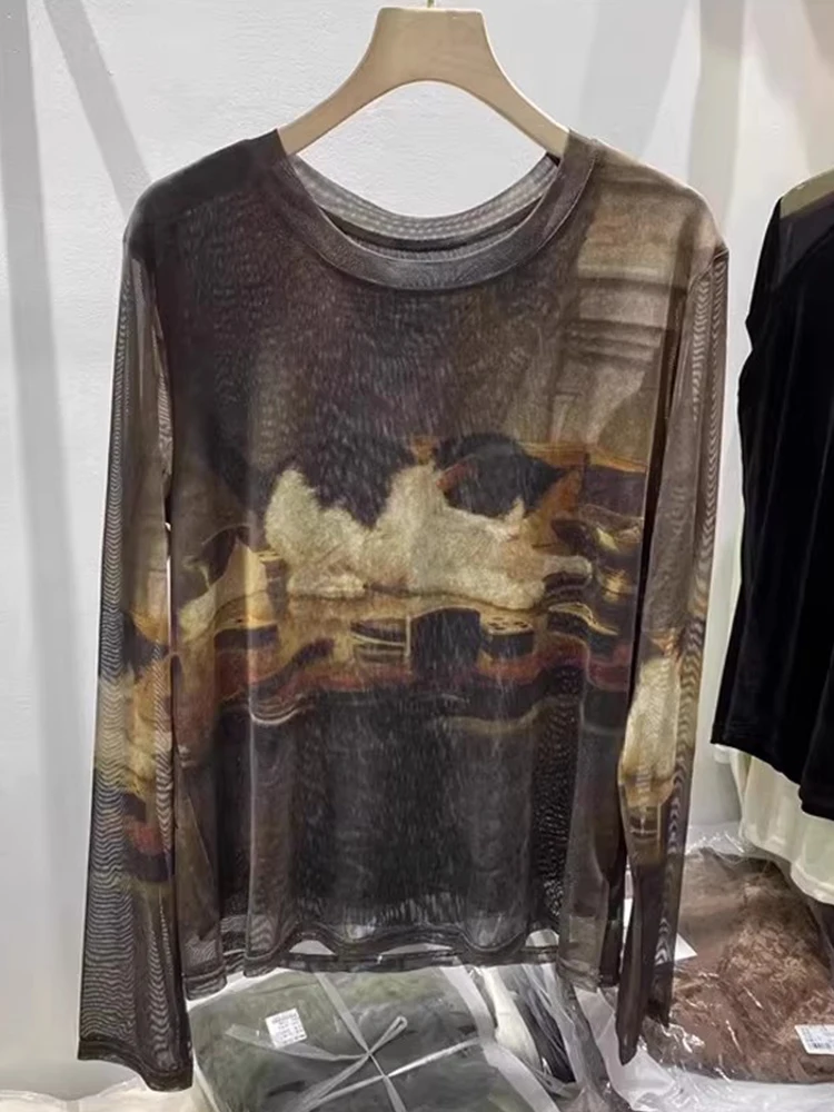 Cartoon  Print Long Sleeve Mesh T-Shirt Women's Summer Layering Base Layer Sun Protection Ice Silk under Shirt Top
