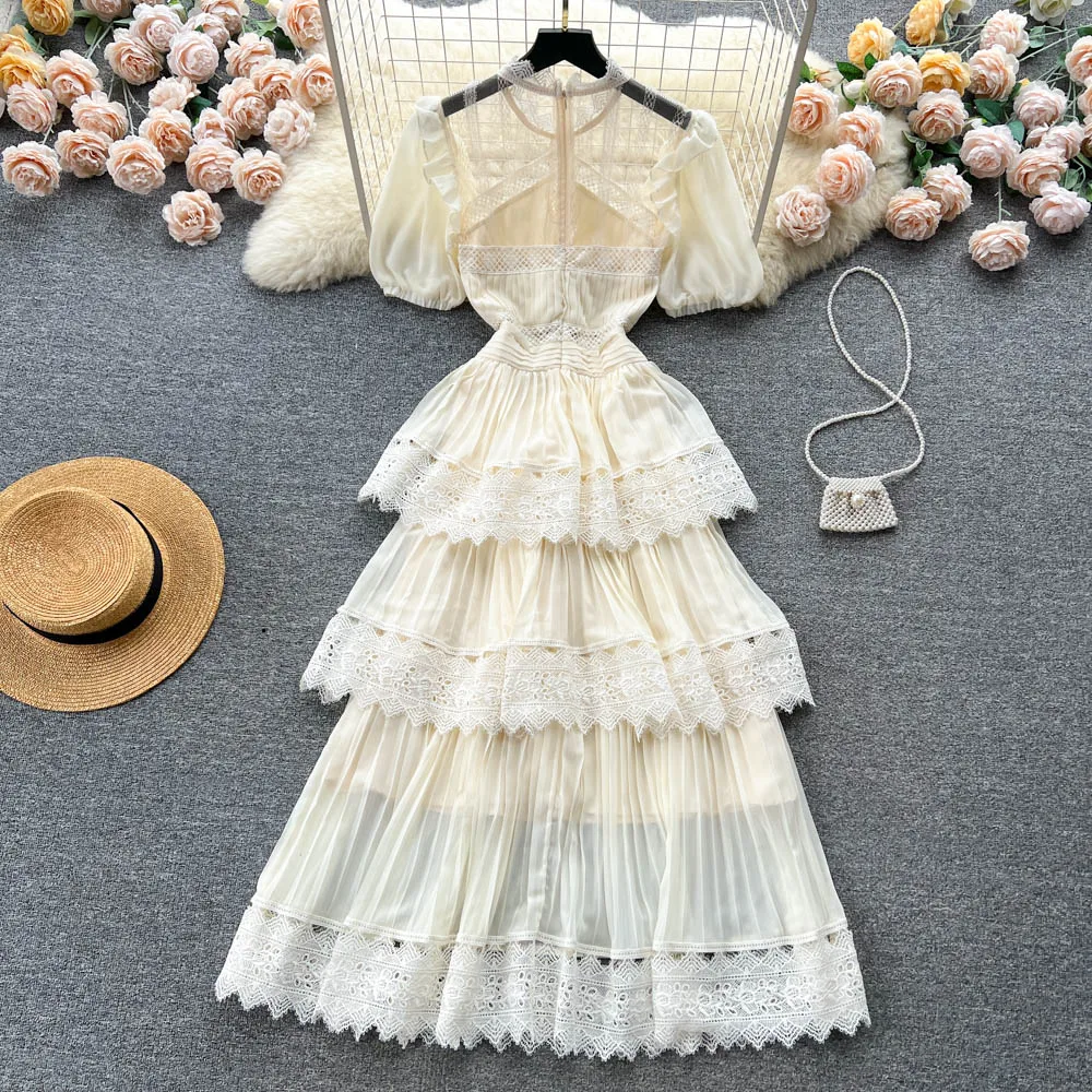 Sexy Lace Pleated Tiered Dress Chic O-Neck Vintage Fashion Puff Sleeve Dress Party Women Summer Elegant Slim Vestidos