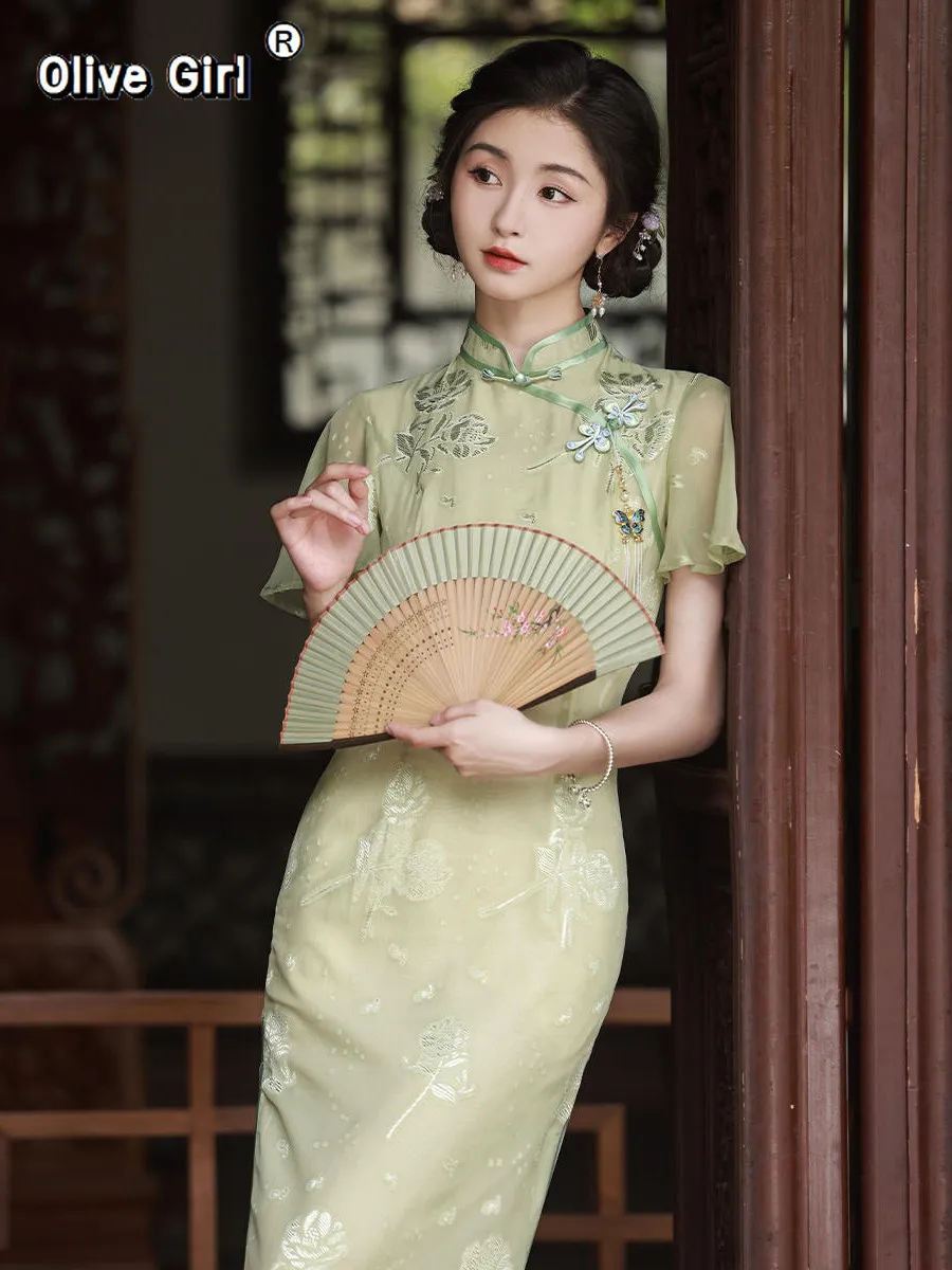

Платье Olivegirl, китайское платье-ципао с вышивкой, жаккардовое, с цветочным узором, зеленое, элегантное, очаровательное, летняя женская одежда 2026