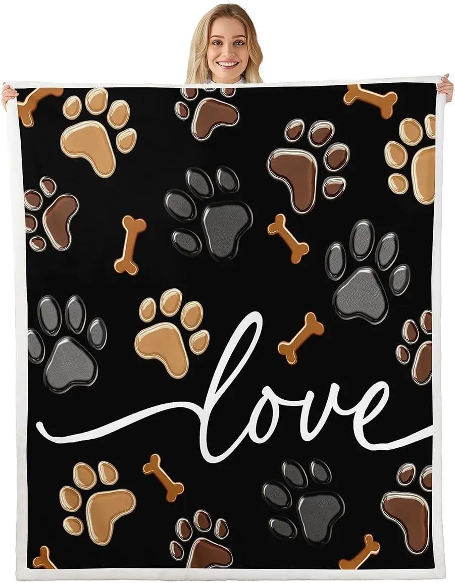 Dog Paw Print Love Blanket Soft Fleece Throw Pet Lover Gift Home Decor for Dog Owners Bedroom Living Room Decoration