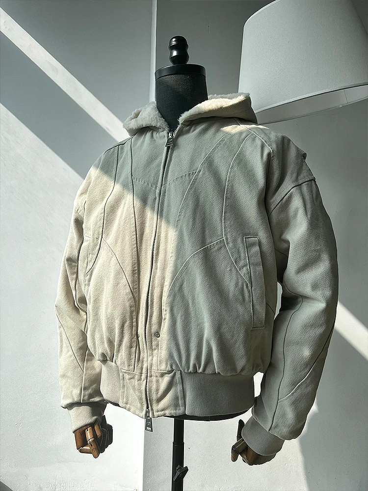 

Men's Fce Lined Wool Blend Hooded Jaet Autumn Winter Thiened Warm Cotton Padded Coat Youth Faion Cleanfit Sle