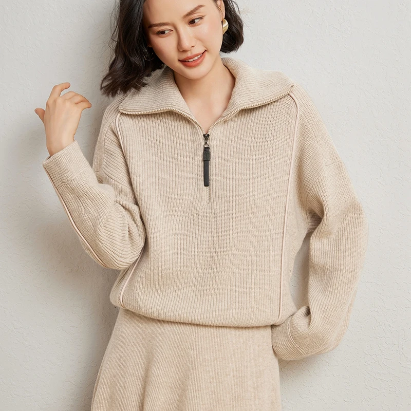 

Zippered Long Sleeve Knitwear High Quality Sweater Autumn Winter 100% Merino Wool Thick Soft Warm Female Jumper Tops