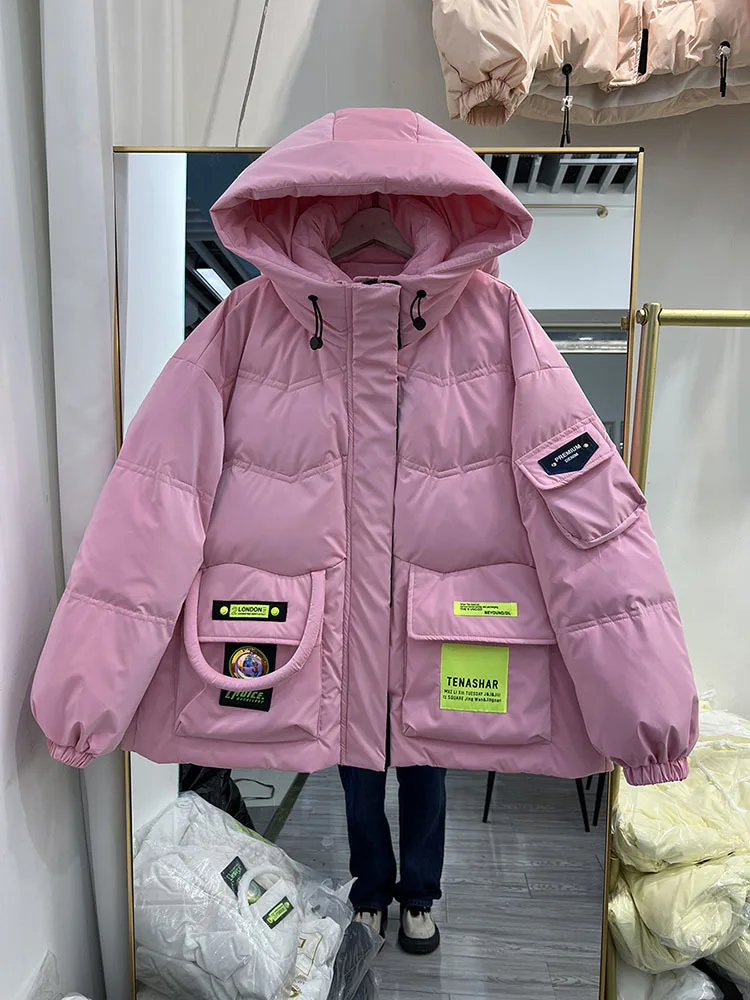 Korean Fashion Winter Short Jacket Women Waterproof Shiny 90% White Duck Down Coat Female Loose Hooded Parker Overcoat