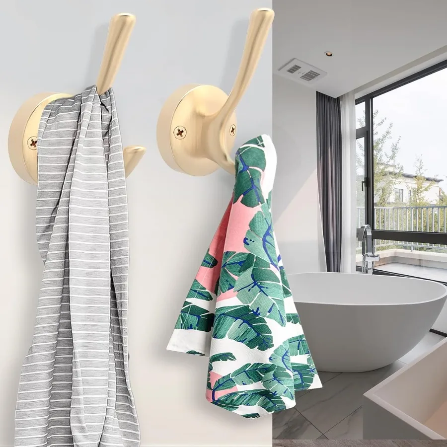 Gold Wall Hooks 6 Pack Heavy Duty Metal Double Coat Robe Hook Wall Mounted for Bathroom Cubicle Kitchen Closet Garage Durable H