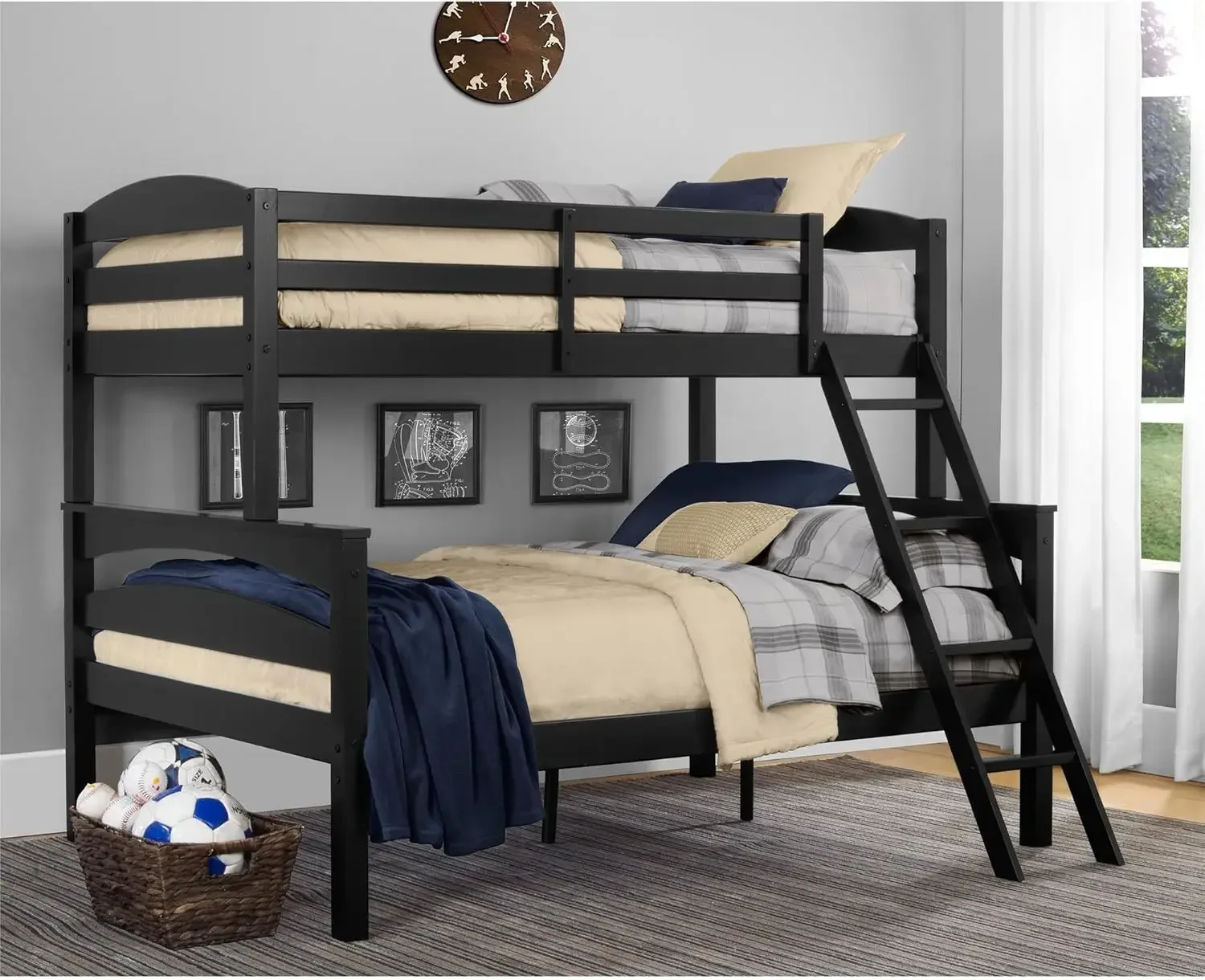 Wood Bunk Bed Frame, Twin over Full, Black