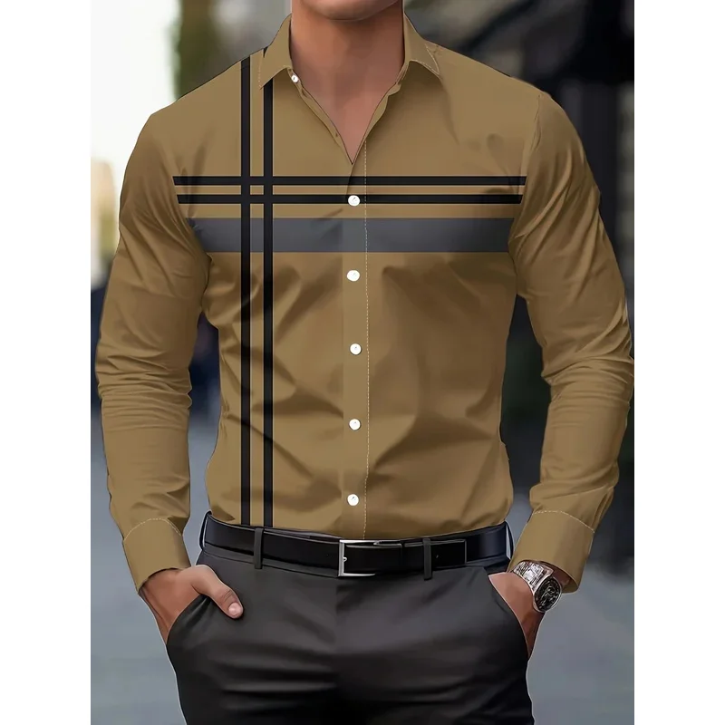 

Men's Casual Dress Shirt With Modern Striped Design Regular Fit Long Sleeve Button-Up, Machine Washable For Spring Fall Office
