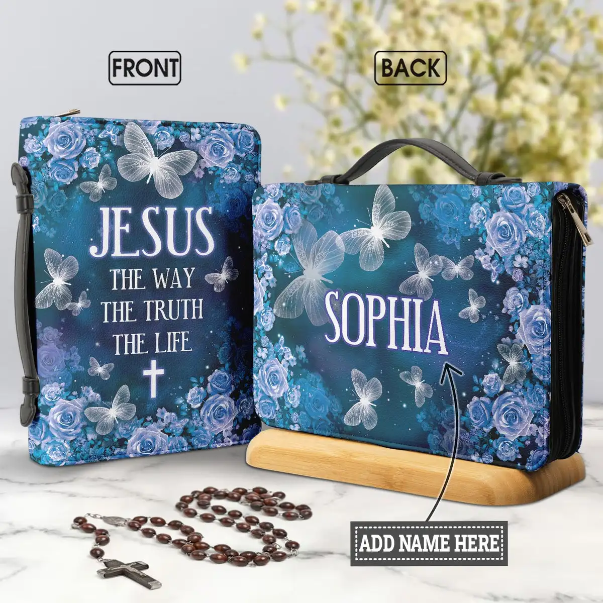 PU Leather Bible Bag Carrying Case Personalized Holy Cover Case The Way The Truth The Life Butterflies Print Handle Book Protect