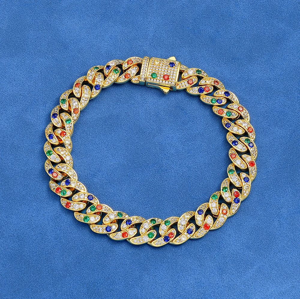 HHIOK 10mm Colorful Cubic Zirconia Cuban Link Bracelet Brass 18K Gold Plated & Silver Plated Iced Out Bling Unisex Wrist Jewelry