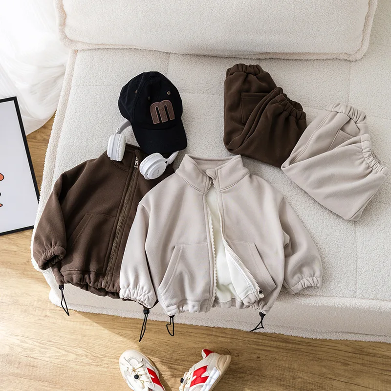 

2025 Winter New Children Warm Clothes Set Girls Plus Velvet Thick Zipper Coat + Fleece Trousers 2pcs Suit Boys Toddler Outfits
