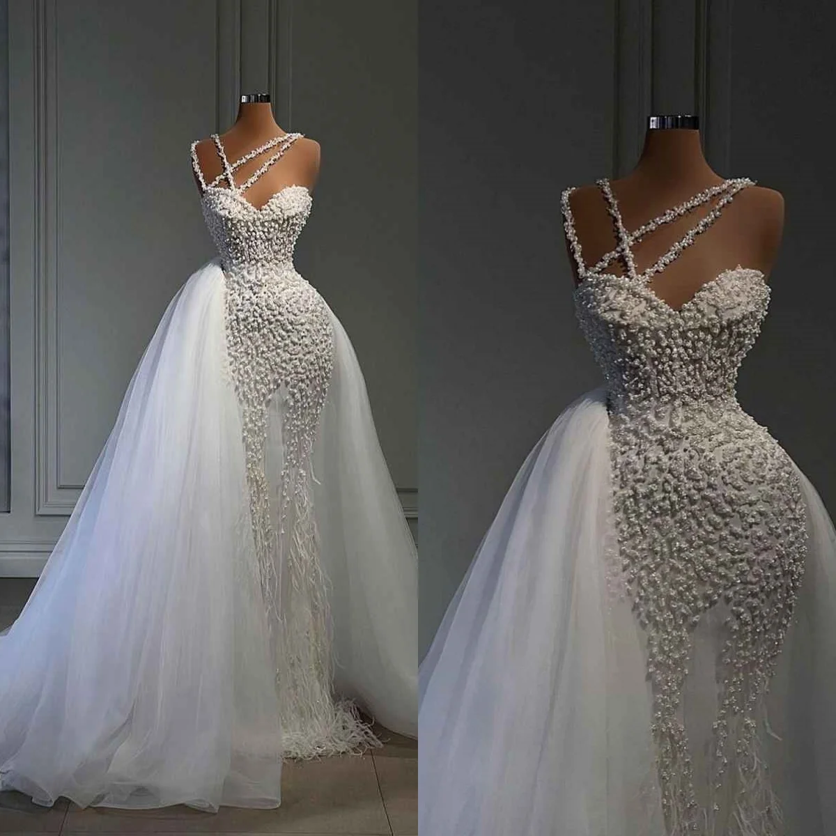 

Exquisite Mermaid Wedding Dresses Pearls Beaded Feather Sweetheart Bride Dress Detachable Sweep Train Bridal Dress Customized