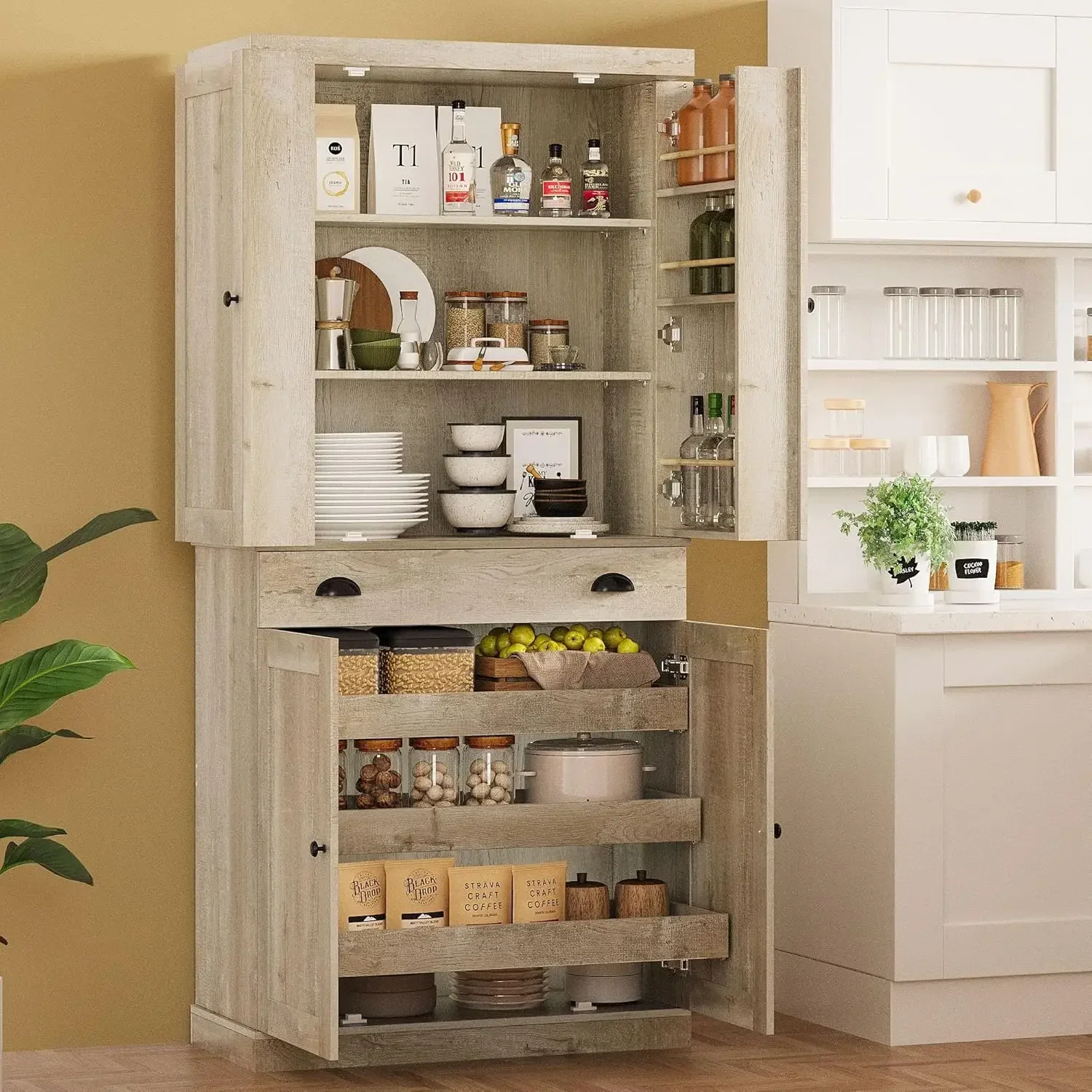 Ironck Kitchen Pantry Cabinet 72"" Height, Freestanding Cupboard With Drawer, Sliding Storage Rack, And 6 Hanging Shelves For