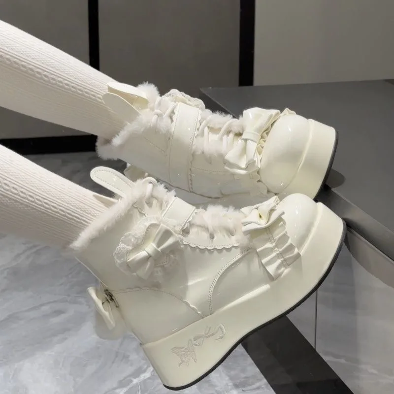 

Sweet Fur Ball Rabbit Ear Lolita Snow Boots For Women 2025 New Thick-soled Fleece-lined Warm Cute Winter Cotton Boots