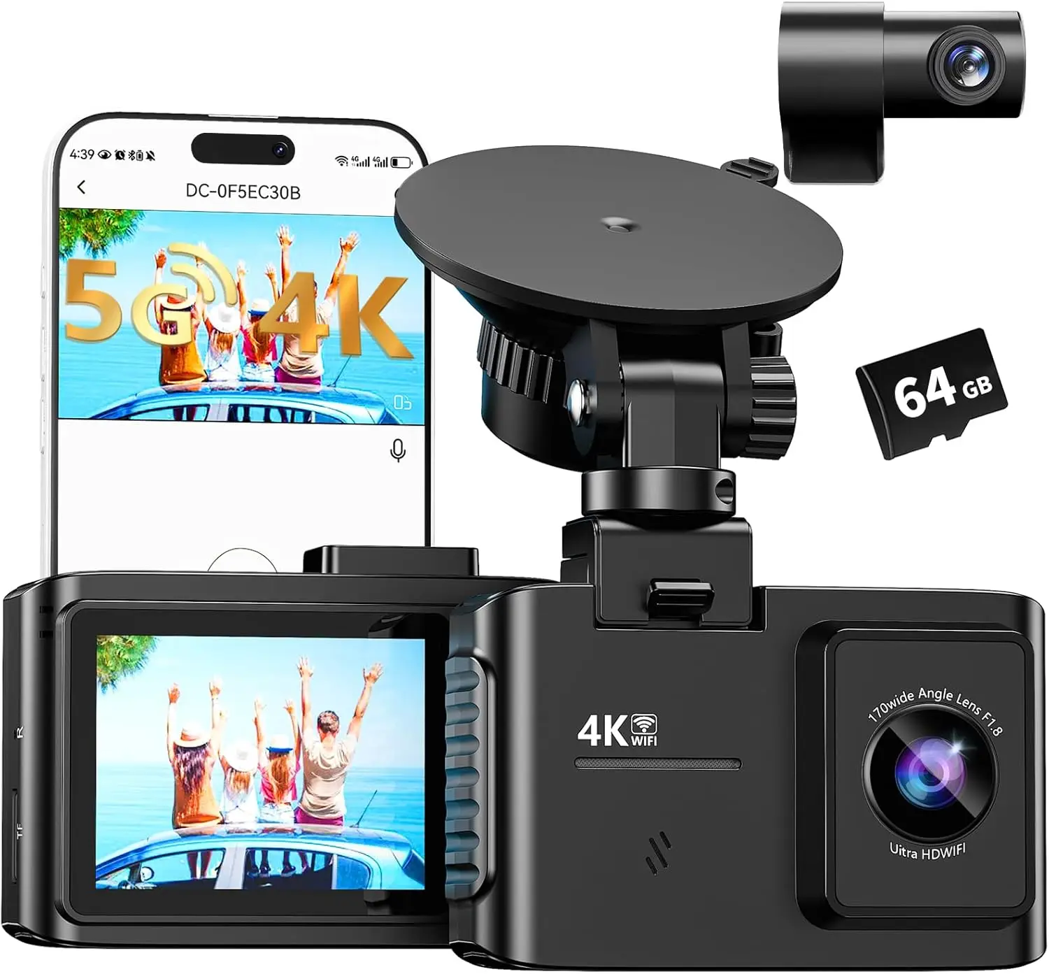 

4K видеорегистратор с двумя камерами, Wi-Fi, картой памяти 64 ГБ, ночным видением и режимом парковки для автомобилей