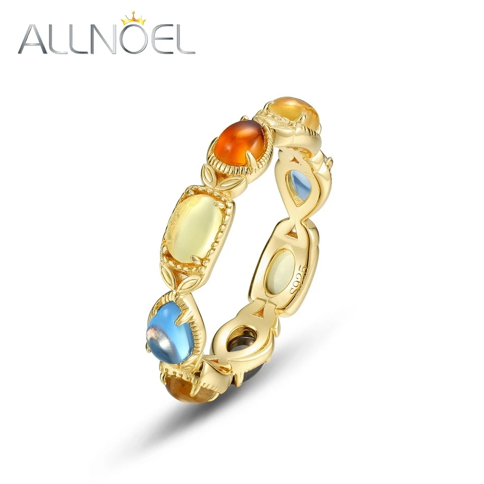 ALLNOEL Real 925 Sterling Silver Rings for Women Citrine Amber Colorful Gemstone Gold Plated Luxury Vintage Fine Jewelry Gifts