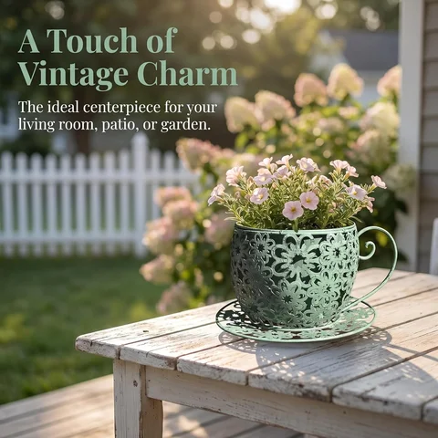 Vintage Iron Flowerpot Metal Planter Vintage Teacup Planter with Iron Floral Cutout Decorative Flowerpot for Succulents Herbs
