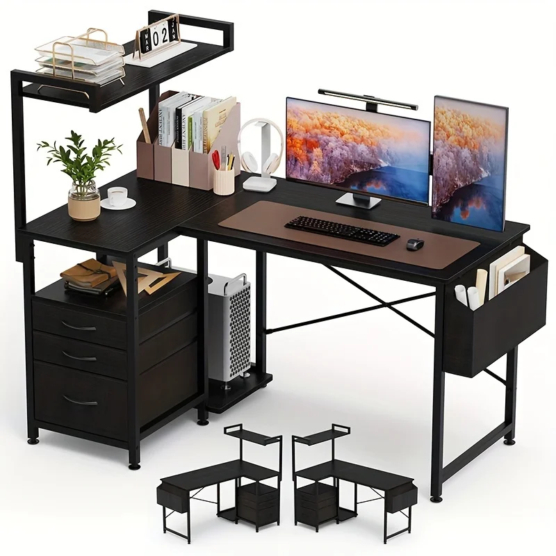 1set L-Shaped Computer Desk, Modern Simple Style, Reversible With Storage Shelves, 3 Fabric Drawers, Side Pouch