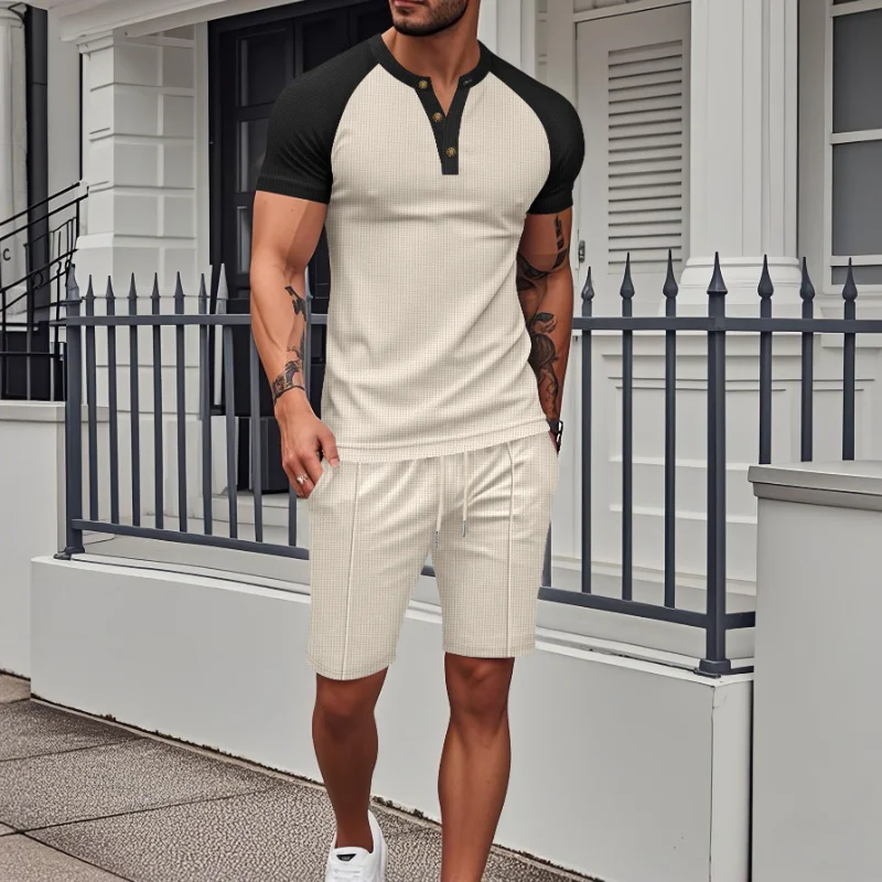 

Summer New Men's T-shirt Round Neck Short Sleeve Waffle Raglan Sleeve Two-piece Shorts Suit