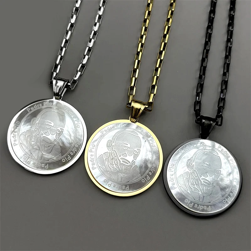 

Padre Pio Natural Shell Medal Pendant Necklace for Women Men Stainless Steel Gold Silver Color Chatholic Chain Jewelry Gift