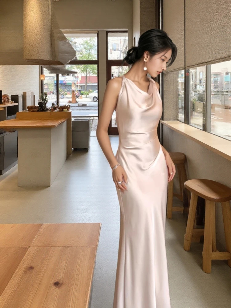فستان أنيق من الساتان بخط عنق أنيق للنساء، تنورة طويلة بقصة ضيقة، سحاب على شكل ذيل السمكة، فتحة عالية، موضة الصيف، لون نقي