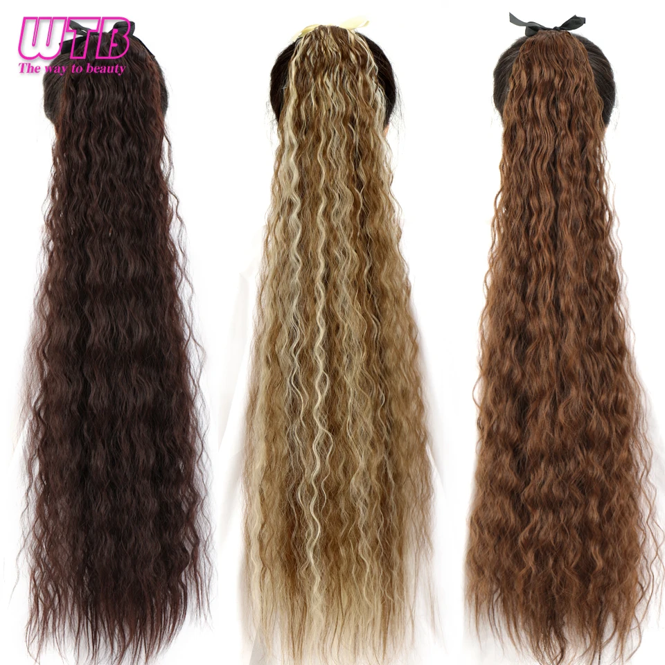 WTB Synthetic Long Corn Wavy Ponytail Natural Drawstring Ribbon Fake Hair Black Pony Tail Clip In Extensions Women Hairpieces