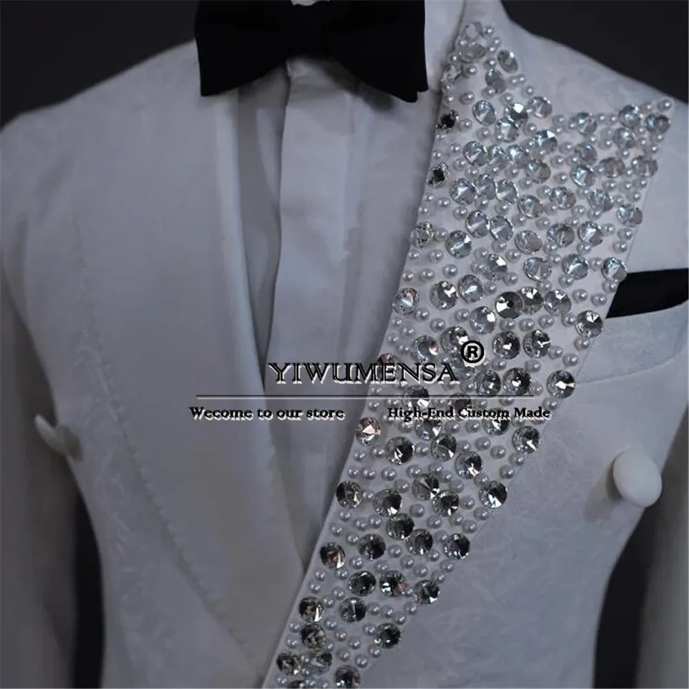 Luxury Diamond Beaded Suits Men For Wedding Double Breasted Floral Jacket Pants 2 Piece Bridegroom Tuxedos Tailored Male Clothes