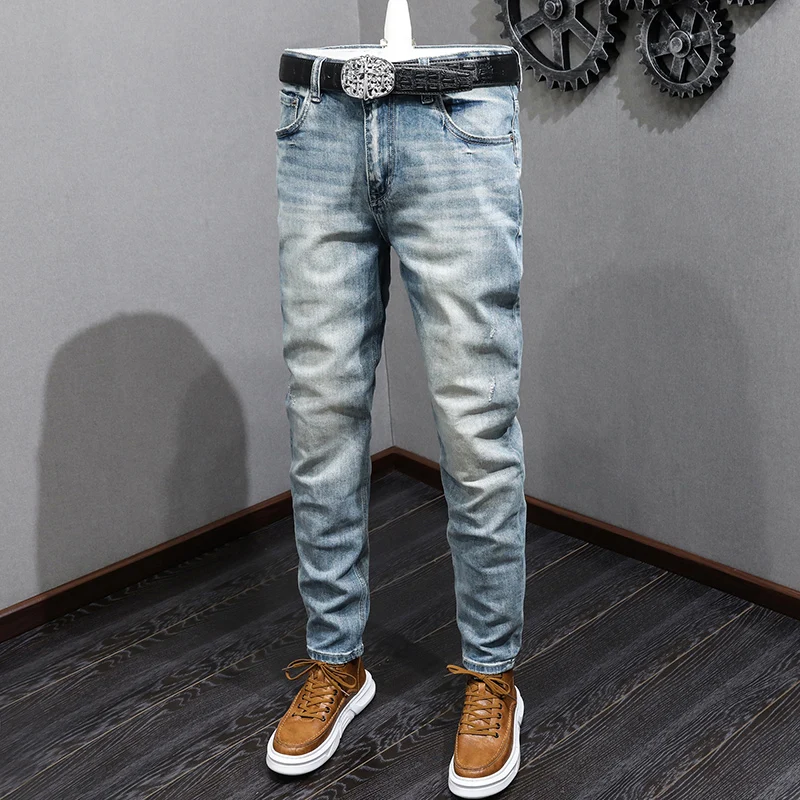 

Classical Fashion Men Jeans Retro Light Blue Stretch Slim Fit Ripped Jeans Men High Quality Vintage Designer Casual Denim Pants