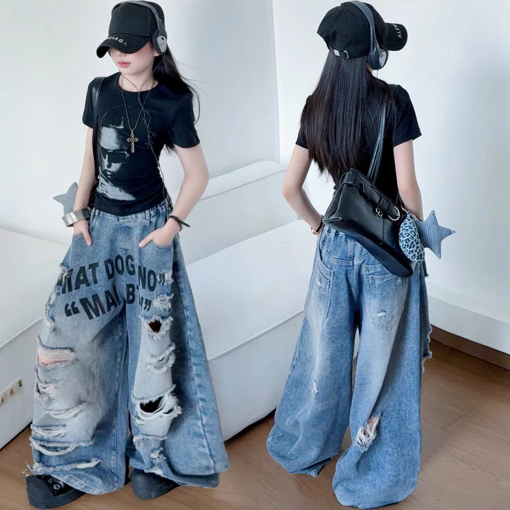 Girls Street Wear Jeans with Broken Holes Hiphop Design Jazz Denim Pants Kids Child Straight Fit Ripped Trousers American Style