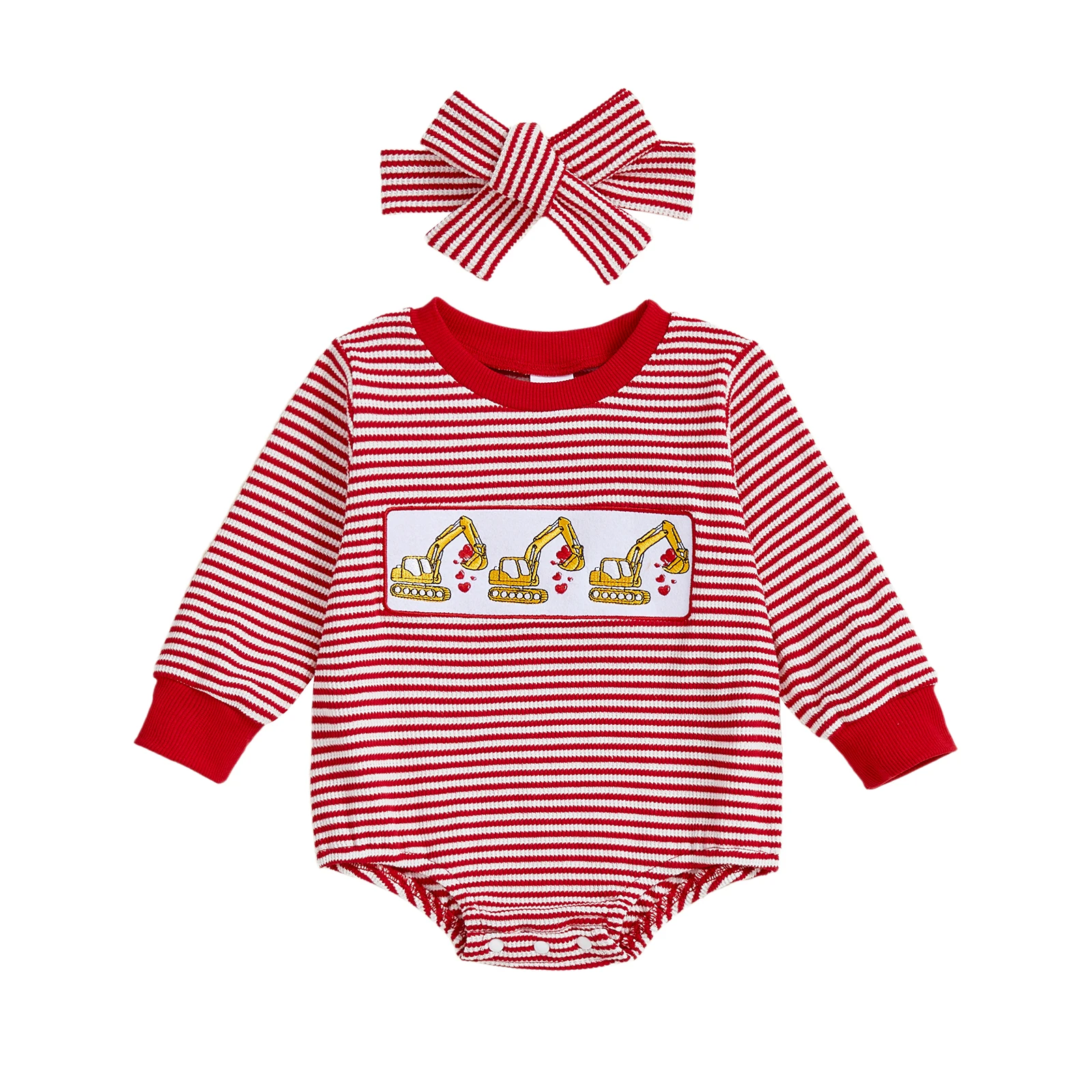 

Комплект из двух предметов для маленьких девочек, вафельный комбинезон в полоску с длинными рукавами и круглым вырезом на День святого Валентина, с вышивкой и повязкой на голову