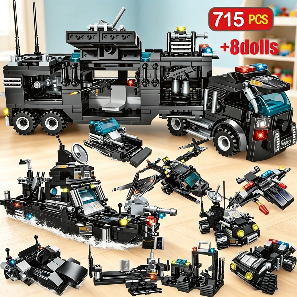 SWAT City Police Station Building Blocks Vehicle Car Fighting Robot Helicopter Blocks Educational Toy for Gift Birthday