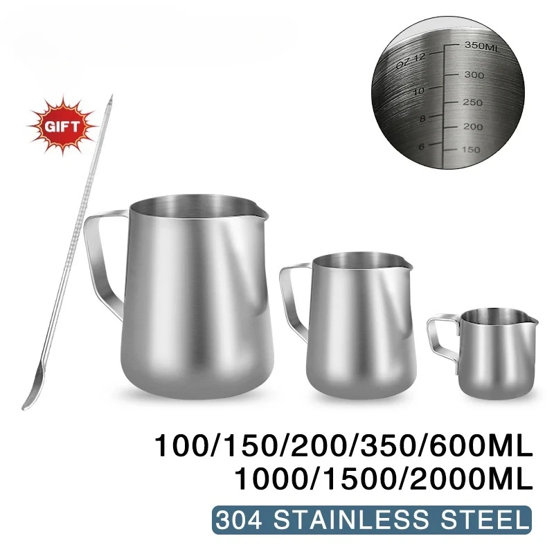 إبريق مزبد الحليب الاحترافي من الفولاذ المقاوم للصدأ 350 مل/550 مل - إبريق فني لاتيه مع علامات القياس وقلم فني، أداة قهوة باريستا